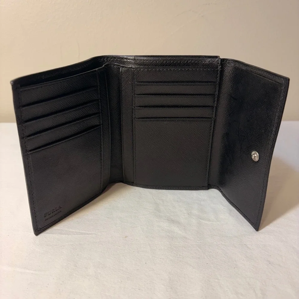 Furla Black Textured Leather Tri Fold Wallet Coin Pocket Card Slots Snap Closure